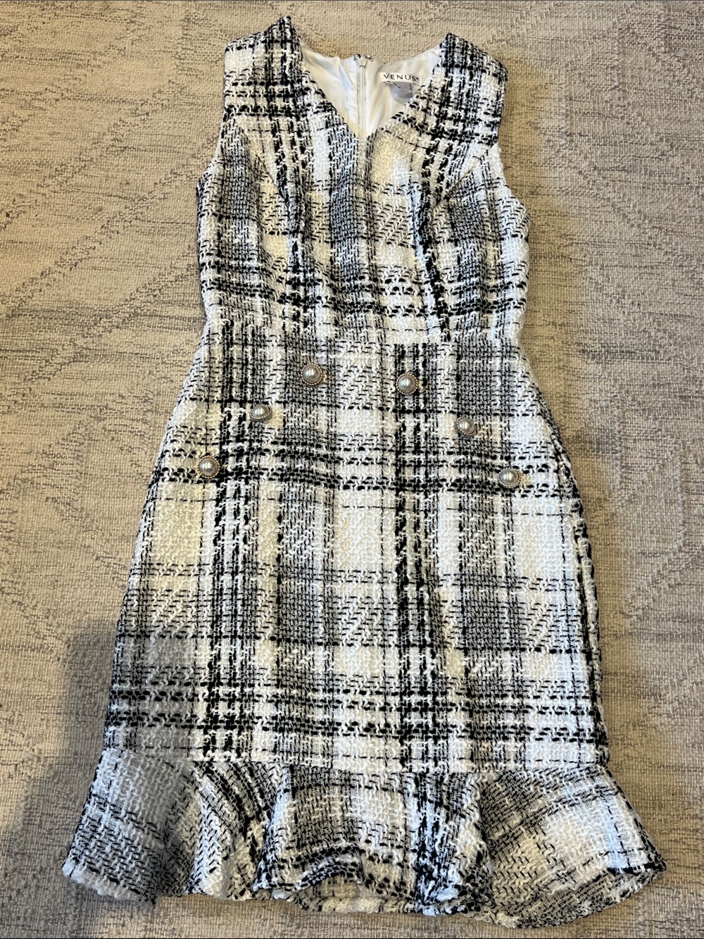 VENUS Black and White Tweed Sheath Dress with Pearl Buttons